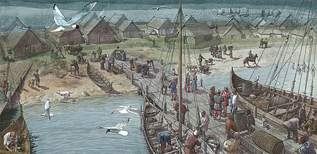 Farbige Zeichnung eines frühmittelaterlichen Hafens, mit Booten, einem Steg und einfachen Gebäuden am einem Strand