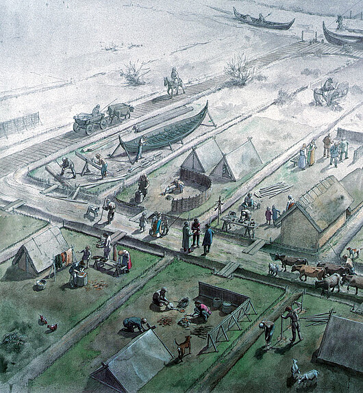 Lebensbild Frühmittelalterlicher Marktplatz (800 n. Chr.): Grafik Flemming Bau, https://bau.nu