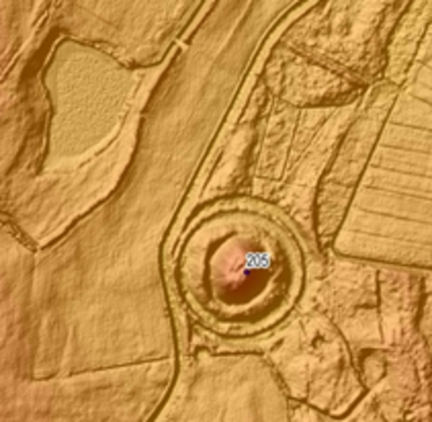 Grafische Darstellung einer im LIDAR-Scan erkennbaren Burganlage, mann sieht kreisförmige Burgwälle und einen Burghügel in der Mitte