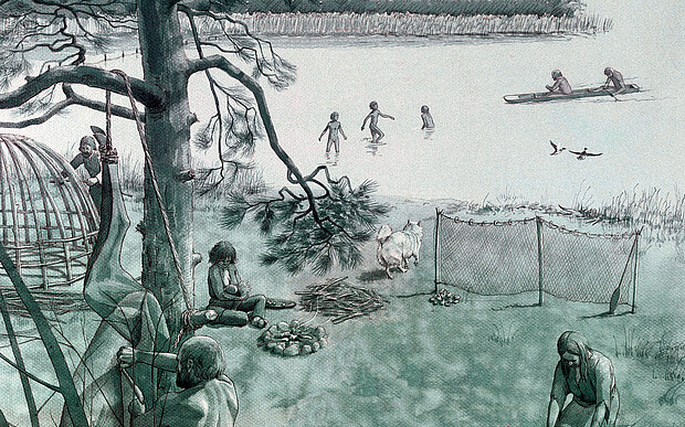 Colorierte Zeichnung die das Leben am Ufer eines Sees vor etwa 10.000 Jahren zeigen soll, man sieht eine Feuerstelle, netze und Fischereizubehör, badende Kinder und einen Einbaum.